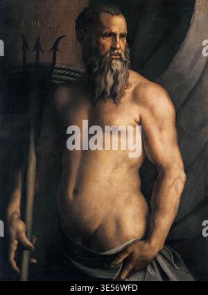 BRONZINO, Agnolo (1503, Firenze, d. 1572, Firenze) Ritratto di Andrea Doria come Nettuno c. 1540 olio su tela, 115 x 53 cm Pinacoteca di Brera, Milano questo dipinto di Andrea Doria, il condottiere genovese che comandò le flotte combinate di Venezia, del Papa e dell'Imperatore nella loro vittoria sui Turchi, è un esempio significativo del lavoro di Bronzino come ritrattivista dell'aristocrazia. I più famosi ritratti di Bronzino di Lucrezia e Bartolomeo Panciatichi, Eleanora di Toledo e Laura Battiferri raffigurano una classe cosciente della sua nobiltà, ambientata in posizioni immobili, con alaba impeccabili Foto Stock
