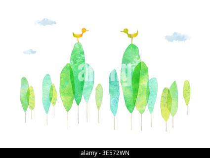 albero verde acquerello con uccelli Foto Stock