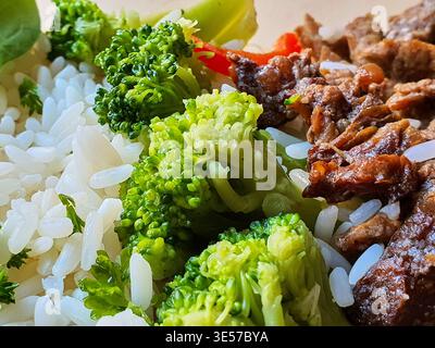 Foto macro da vicino di un pasto preparato con riso bianco al vapore, fiori di broccoli verdi e strisce caramellate di manzo. Foto Stock