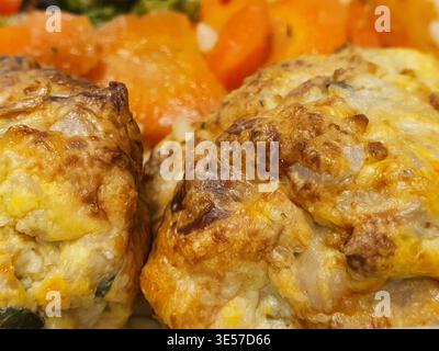 Primo piano di polpette o polpette fritte o cotte al forno con una consistenza esterna croccante e caramellata che mostra le fibre di carne visibili e. Foto Stock