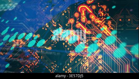 Mostra le tracce del circuito di primo piano centrate con rilievi di stampa color ottanio e nodi luminosi sullo sfondo tecnico Foto Stock