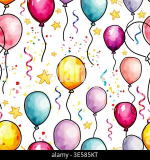 Motivo senza cuciture con palloncini colorati ad acquerello. Disegnato a mano. Non ai, illustrazione vettoriale. Illustrazione Vettoriale