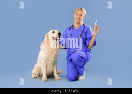 Il veterinario controlla lo stato di salute del cane mentre tiene in mano una siringa in un'impostazione blu Foto Stock