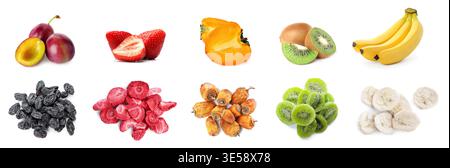 Frutta fresca e secca isolata su bianco, set Foto Stock