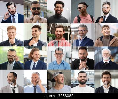 Ampia collezione di ritratti maschili. Uomini di età diverse Foto Stock