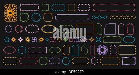 Set di icone colorate a stella e arco, rettangolari e quadrate, ovali e circolari con bordi scalpelli. Forme geometriche con bordi ondulati. Caselle di testo, insegne, etichette o etichette vuote. Illustrazione vettoriale. Illustrazione Vettoriale