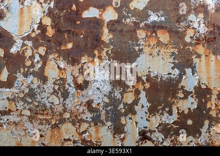 Vista ravvicinata di una superficie metallica arrugginita che mostra la vernice che si stacca. La scena cattura l'usura e l'età del materiale in un ambiente urbano. Foto Stock