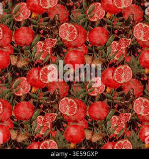 Acquerello Pomegrani maturi Collage Dense Harvest, composizione a strati con frutti e foglie intere che trasportano abbondanza ed energia rustica, ideale per l'imballaggio e le campagne stagionali disegno a mano acquerello senza cuciture motivo botanico. Foto Stock