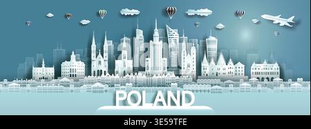 Viaggia tra i monumenti storici dell'europa e della Polonia, visita le famose attrazioni architettoniche della città a varsavia con le mongolfiere, viaggia in Polonia con il panorama pop della città Illustrazione Vettoriale