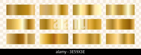 Set di superfici in lamina lucida. Sfumatura oro e texture bronzo. Collezione di campioni in acciaio giallo lucido o rame argento. Illustrazione vettoriale Illustrazione Vettoriale
