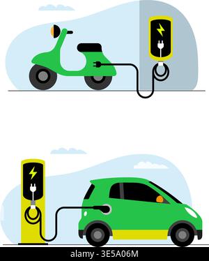 Illustrazione vettoriale di un ciclomotore elettrico verde calce ecologico e ricarica di un'auto in una centrale elettrica. Illustrazione stock. Illustrazione Vettoriale