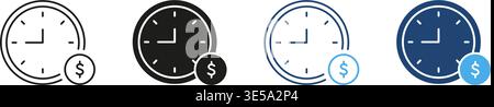 Orologio con icona Dollar Coin. Gestione del tempo, pianificazione finanziaria ed efficienza dei costi, raccolta di simboli di sagoma e sagoma. Strategia aziendale Illustrazione Vettoriale