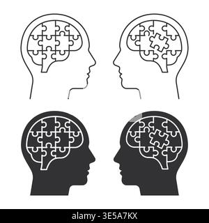Set di icone del profilo cerebrale del puzzle. Delineare e versioni solide che rappresentano cognizione, problem solving, psicologia e processo mentale. Illustrazione Vettoriale