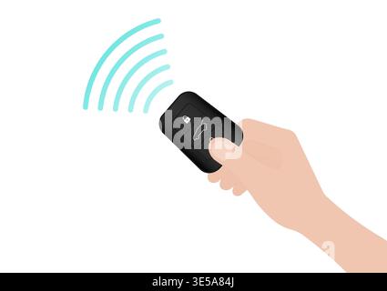 Mano premendo il telecomando della chiave per auto per bloccare o sbloccare l'auto. Sistema antifurto per auto. Illustrazione vettoriale. Illustrazione Vettoriale