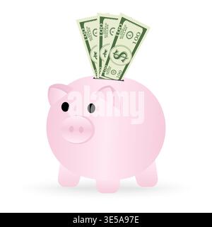 Salvadanaio e soldi. Concetto di crescita del denaro, risparmio e investimenti. Illustrazione vettoriale. Illustrazione Vettoriale