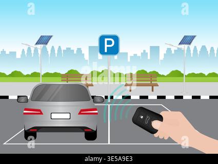 Mano premendo il telecomando della chiave per auto per bloccare o sbloccare l'auto. Sistema antifurto per auto. Illustrazione vettoriale. Illustrazione Vettoriale