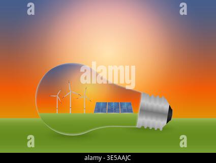 Lampadina con pannelli solari e turbine eoliche all'interno. Risparmio energetico. Risorse energetiche rinnovabili e sostenibili. Green Energy o Environmental Frie Illustrazione Vettoriale