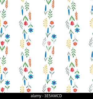 Motivo floreale senza cuciture con fiori colorati disegnati a mano e foglie disposte a strisce verticali, isolate su sfondo bianco. Foto Stock
