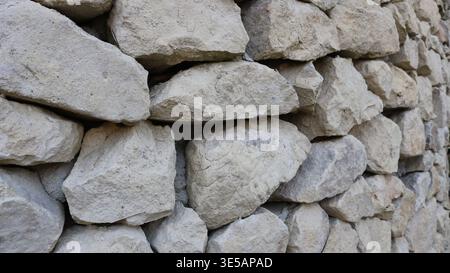 frammento di un muro di pietra o recinzione costituito da grandi massi di granito grezzi e solidi, visto da un angolo in prospettiva arretrata, come un antico testurizzato Foto Stock