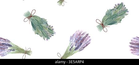 Motivo senza cuciture con impacchi di erbe di lavanda e salvia. Acquerello botanico dipinto a mano ripetuto con mazzi legati per tessuto, carta da imballaggio, cancelleria Foto Stock