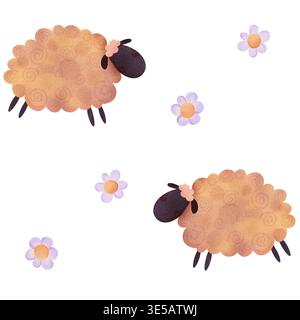 Motivo senza cuciture con pecore soffici, fiori in morbido acquerello. Adorabile design ripetuto con graziosi agnelli. Perfetto per tessuti per neonati, asilo nido Foto Stock