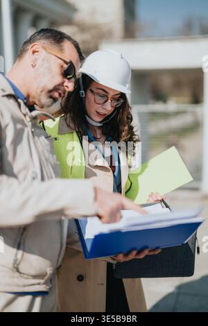 Ingegnere donna e collega maschio che esaminano i documenti di progetto in loco indossando elmetto e giubbotto di sicurezza Foto Stock
