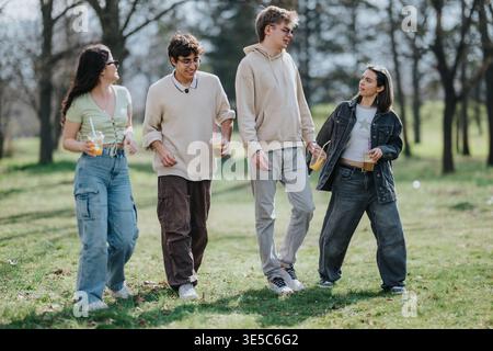 Quattro amici camminano in un parco con bevande fredde e chiacchierano in una giornata di sole Foto Stock