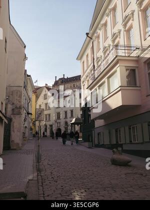 I pedoni camminano lungo una strada acciottolata costeggiata da edifici storici nella città vecchia di Tallinn, Estonia, all'inizio della primavera Foto Stock