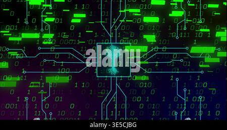 Chip ciano a impulsi che mostra una linea blu che invia un albero neurale ai nodi cibernetici con blocchi verdi e 0 s o 1 Foto Stock