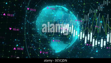 Globo turchese rotante con nuvole di punti che mostra barre di candele in HUD virtuale, marcatori temporali magenta Foto Stock