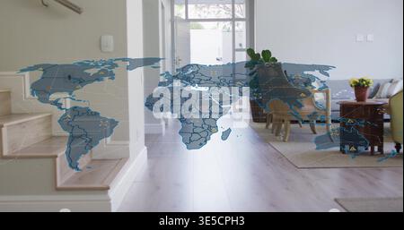 Mappa olografica del mondo galleggiante traslucida che copre la hall e il pavimento dell'ingresso, mostrando le scale di legno Foto Stock
