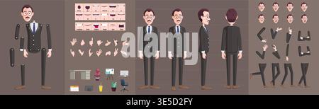 Kit di rigging per animazioni di personaggi per uomini d'affari professionali Set di lavoratori d'ufficio per uomini d'affari con pose, forme della bocca, espressioni e oggetti di scena Illustrazione Vettoriale