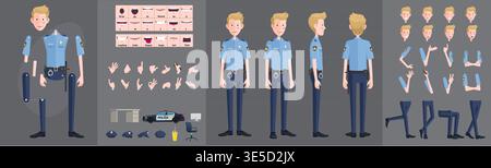 Kit di animazione personaggi poliziotto male forze dell'ordine Vector set con turnaround, pose ed espressioni Illustrazione Vettoriale