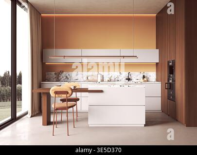 Cucina moderna con White Island e tavolo da pranzo in legno Foto Stock