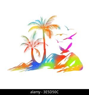 Palma colorata con gabbiani. disegnato a mano. Non ai, illustrazione vettoriale. Illustrazione Vettoriale