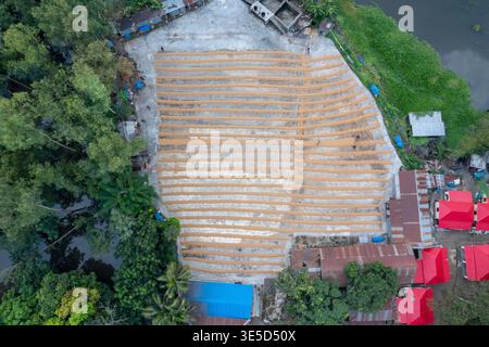 Vista aerea di milioni di grani di riso sono disposti ad asciugare in un mulino mentre i lavoratori li spazzolano con foglie al sole caldo, Dhamrai, Dacca, Bangladesh. Foto Stock
