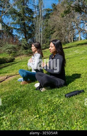 Due donne meditano pacificamente in un parco lussureggiante, abbracciando la consapevolezza e la tranquillità. Si siedono a gambe incrociate sull'erba, godendosi la serena S naturale Foto Stock