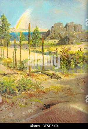 Chirotherium. Paesaggio dall'alto Triassico. Pittura paesaggistica preistorica con flora antica e un arcobaleno lontano. Una rappresentazione artistica e vibrante di un mondo primordiale caratterizzato da piante uniche, affioramenti rocciosi e un sereno corpo d'acqua sotto un cielo colorato Foto Stock