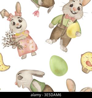 Motivo pasquale senza cuciture con simpatici coniglietti, uova, rami di salice, biscotti a forma di pollo. Illustrazione ad acquerello disegnata a mano in morbide tonalità a molla Foto Stock