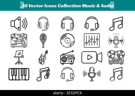 Collezione di icone della linea vettoriale per musica e audio Illustrazione Vettoriale