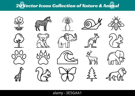Questa immagine mostra una serie diversificata di venti icone vettoriali con vari elementi della natura e degli animali. Le icone includono una varietà di animali suc Illustrazione Vettoriale