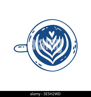 Illustrazione vettoriale della tazza di caffè in stile minimalista disegnato a mano con cuore di latte art per il design del menu da caffe' Illustrazione Vettoriale