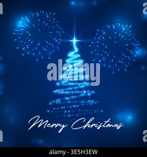 albero di natale allegro blu frizzante con disegno di biglietto d'auguri fuochi d'artificio Illustrazione Vettoriale
