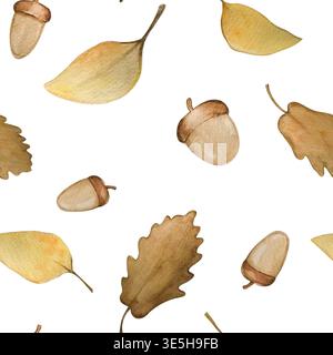 acquerello autunnale senza cuciture , quercia , foglia di ghianda Foto Stock