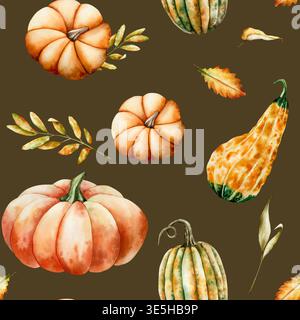 Motivo acquerello senza cuciture con zucche dipinte in tonalità arancio e verde. Acero disegnato a mano, foglia di quercia, verdure autunnali di halloween perfette per Foto Stock