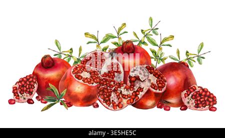 Composizione orizzontale ad acquerello con melograni interi e tagliati succosi semi rossi fette e foglie. Illustrazione per le etichette di branding delle confezioni culina Foto Stock