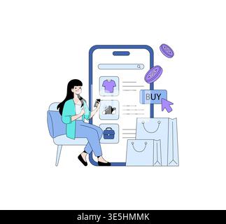 Immagine vettoriale che raffigura una donna felice che fa acquisti online utilizzando il suo smartphone. L'ampio schermo dello smartphone visualizza le opzioni dei prodotti e un pulsante di acquisto, circondato da borse della spesa e monete. Illustrazione Vettoriale