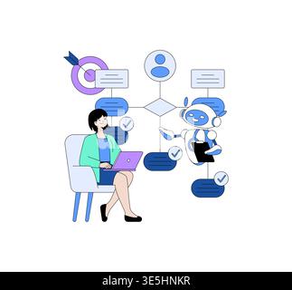 Illustrazione vettoriale che mostra una donna che utilizza un notebook e interagisce con un assistente robot. Gli elementi includono diagrammi del flusso di lavoro, target e segni di spunta, simboleggiando il lavoro di squadra e l'innovazione. Illustrazione Vettoriale