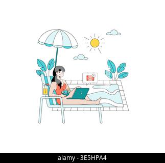 Donna seduta accanto alla piscina sotto un ombrello, che utilizza un computer portatile e si gode un drink. Illustrazione vettoriale che raffigura il lavoro a distanza e il relax in un ambiente all'aperto soleggiato. Illustrazione Vettoriale