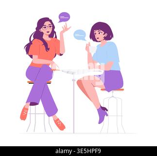 Due donne si impegnano in una conversazione informale con un caffè, sedute ad un tavolo da caffe'. Un gesto mentre parla, l'altro ascolta attentamente, creando un'atmosfera amichevole e rilassata. Illustrazione vettoriale. Illustrazione Vettoriale